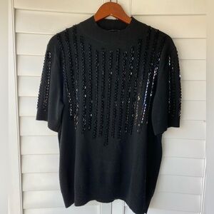 Lafayette 148 New York - 100% Cashmere Black Sequin Embellished Sweater - XL